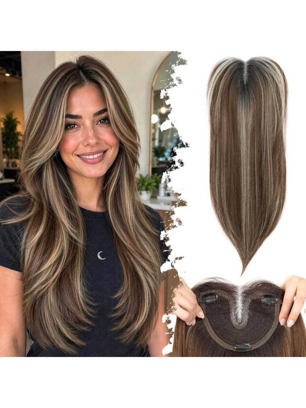 24 Inch Brown Clip-In Hair Toppers for Women - Large 5x6 Inch Base, Volume Boost